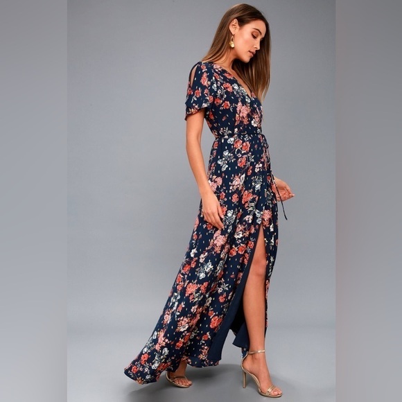 Lulus Divine Days Navy Blue Floral Wrap Maxi Dress XS - Picture 2 of 14